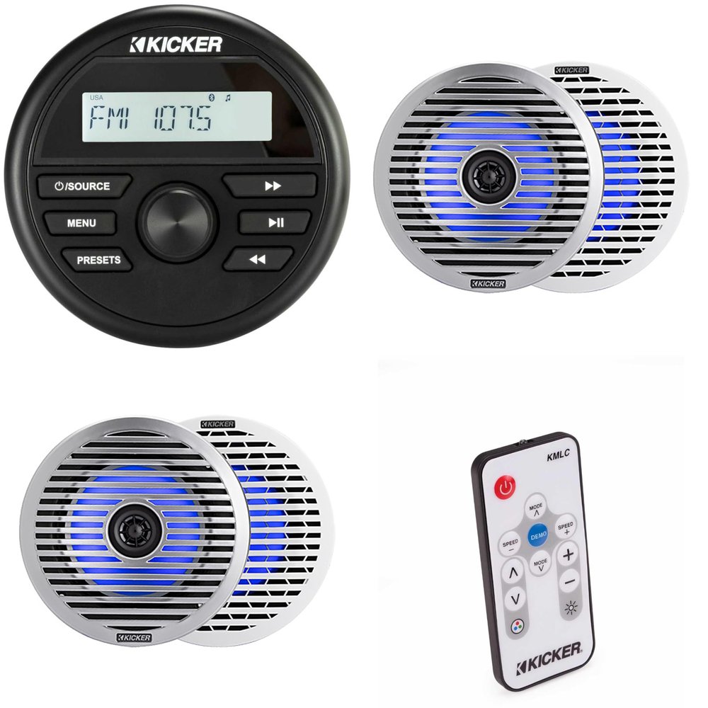 KICKER KMC2 Gauge Mount Marine Grade Receiver & (2 Pair) 51KM614FL 6.5" Thin-Mount LED Speakers w/ 41KMLC Led Remote Bundle