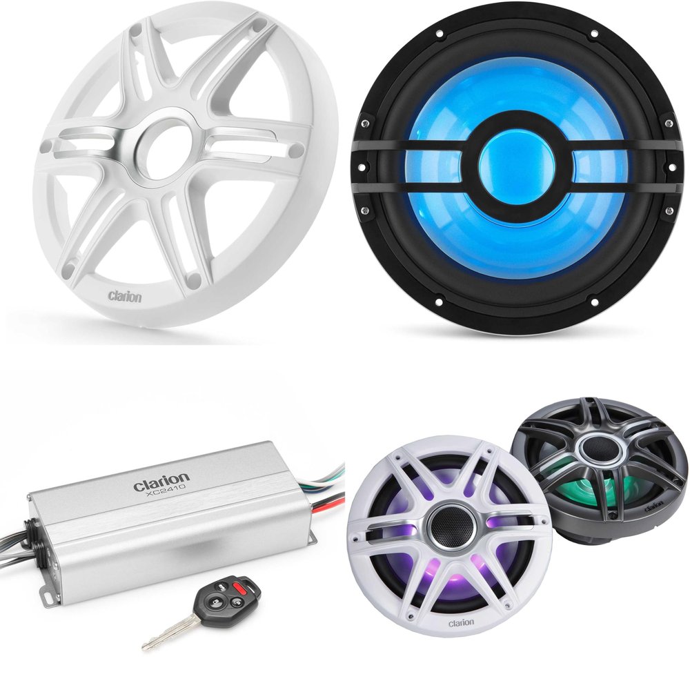 Clarion Marine 4 Channel Amp & Premium 7.7" w/ 10" White Grill Boat Audio Upgrade Bundle