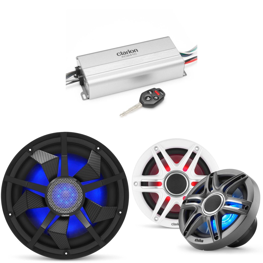 Clarion Marine 4 Channel Amp & Premium 6.5" w/ 12" Black Grill Boat Audio Upgrade Bundle