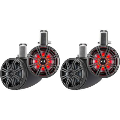 Kicker (2 Pair) KMTC65 6.5" Loaded Marine Wake Tower Enclosures with 45KM654L Speakers - Charcoal Grills with Black Enclosures