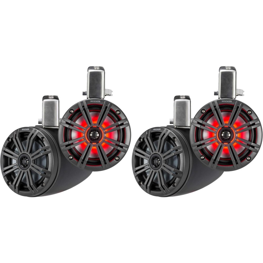 Kicker (2 Pair) KMTC65 6.5" Loaded Marine Wake Tower Enclosures with 45KM654L Speakers - Charcoal Grills with Black Enclosures