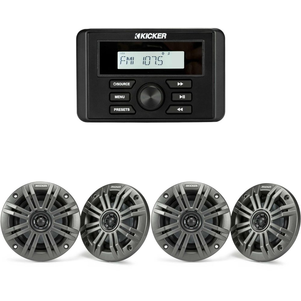 Kicker 46KMC3 Marine Gauge-Style Source & (2 Pairs) 45KM44 4" Marine Speakers Bundle