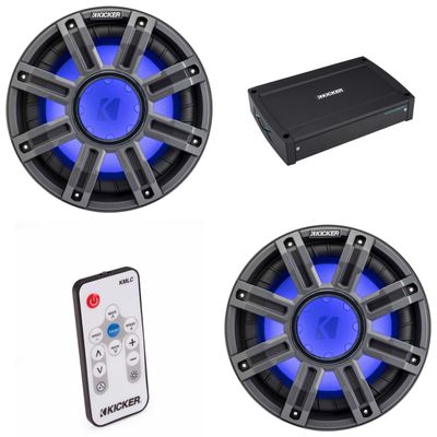 KICKER (2 51MWE104 - MWE 10-Inch Premium Marine Subwoofer (Enclosure) 4-ohm & 51KXMA15001 Marine Amp Bundle (Includes LED Remote)
