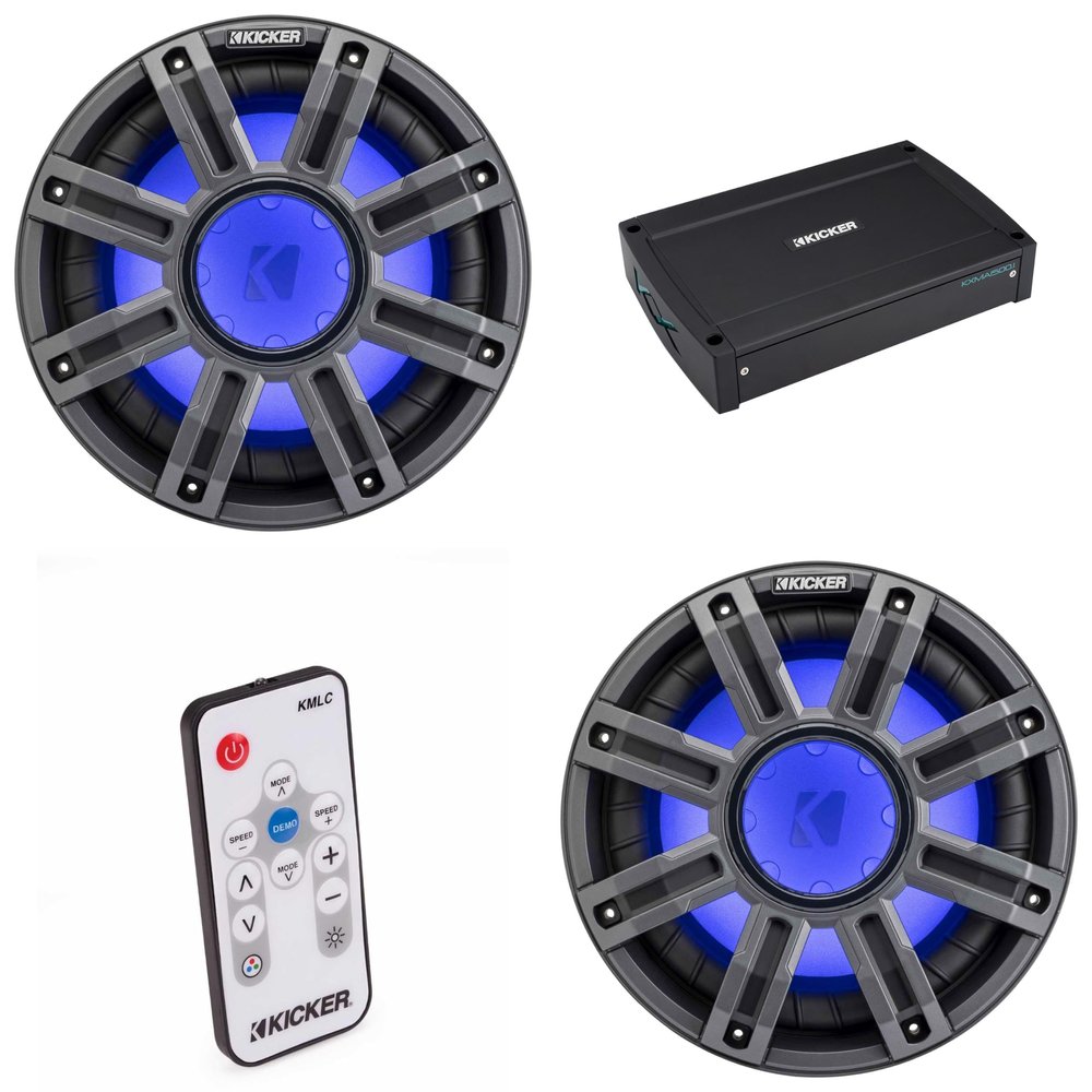 KICKER (2 51MWE104 - MWE 10-Inch Premium Marine Subwoofer (Enclosure) 4-ohm & 51KXMA15001 Marine Amp Bundle (Includes LED Remote)