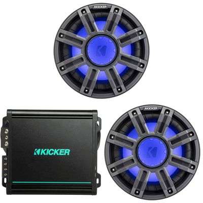 Kicker (2) 51MWF104 - MWF 10-Inch Premium Marine Subwoofer (Free-air) 4-ohm & 48KMA8001 Marine Amp & Bass Knob Bundle