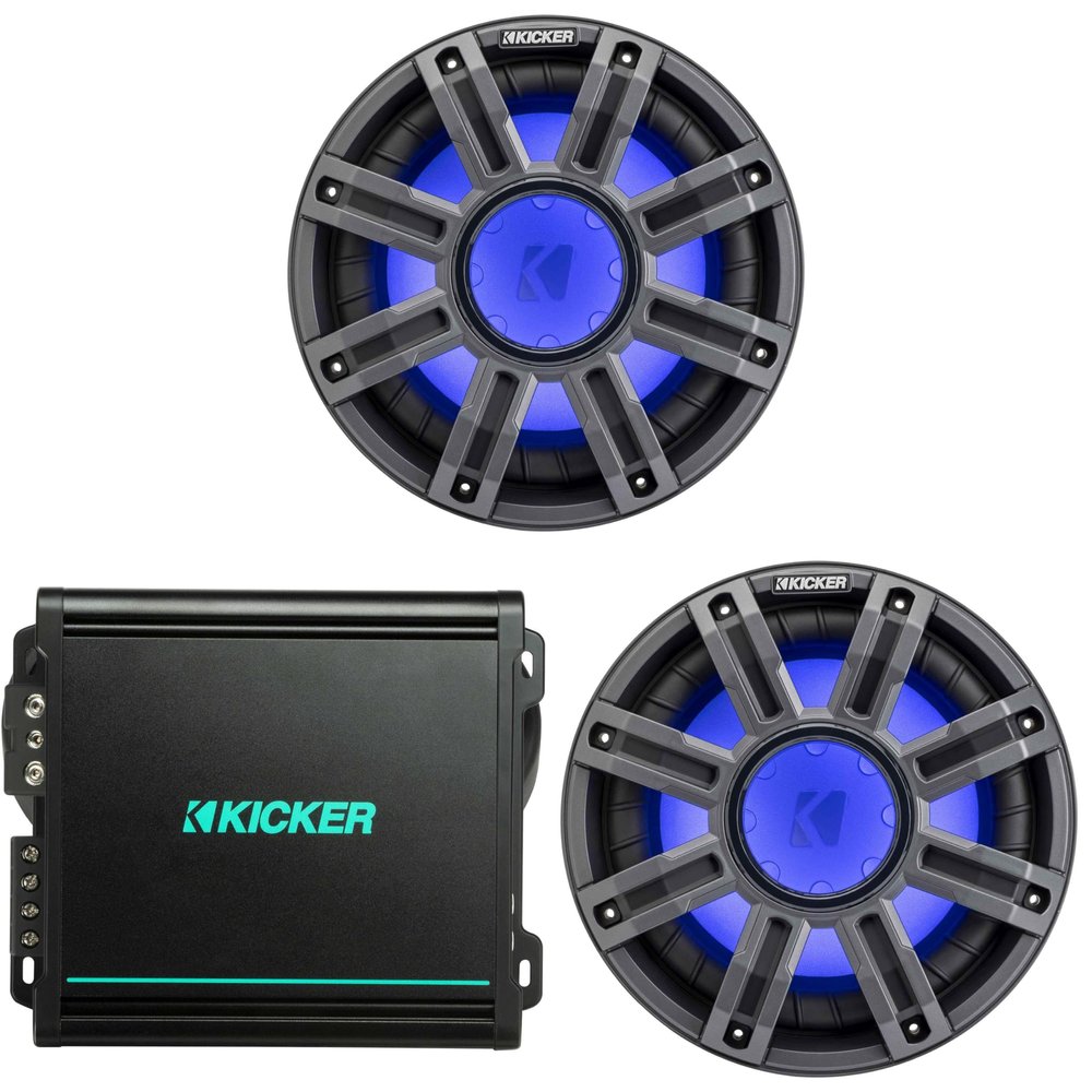 Kicker (2) 51MWF104 - MWF 10-Inch Premium Marine Subwoofer (Free-air) 4-ohm & 48KMA8001 Marine Amp & Bass Knob Bundle