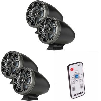Kicker (2 Pair) KMFC65 6.5" Flat Mount Loaded Marine Wake Towers with 46KM654L Speakers - Charcoal Grills with Black Enclosures (Includes LED Remote)
