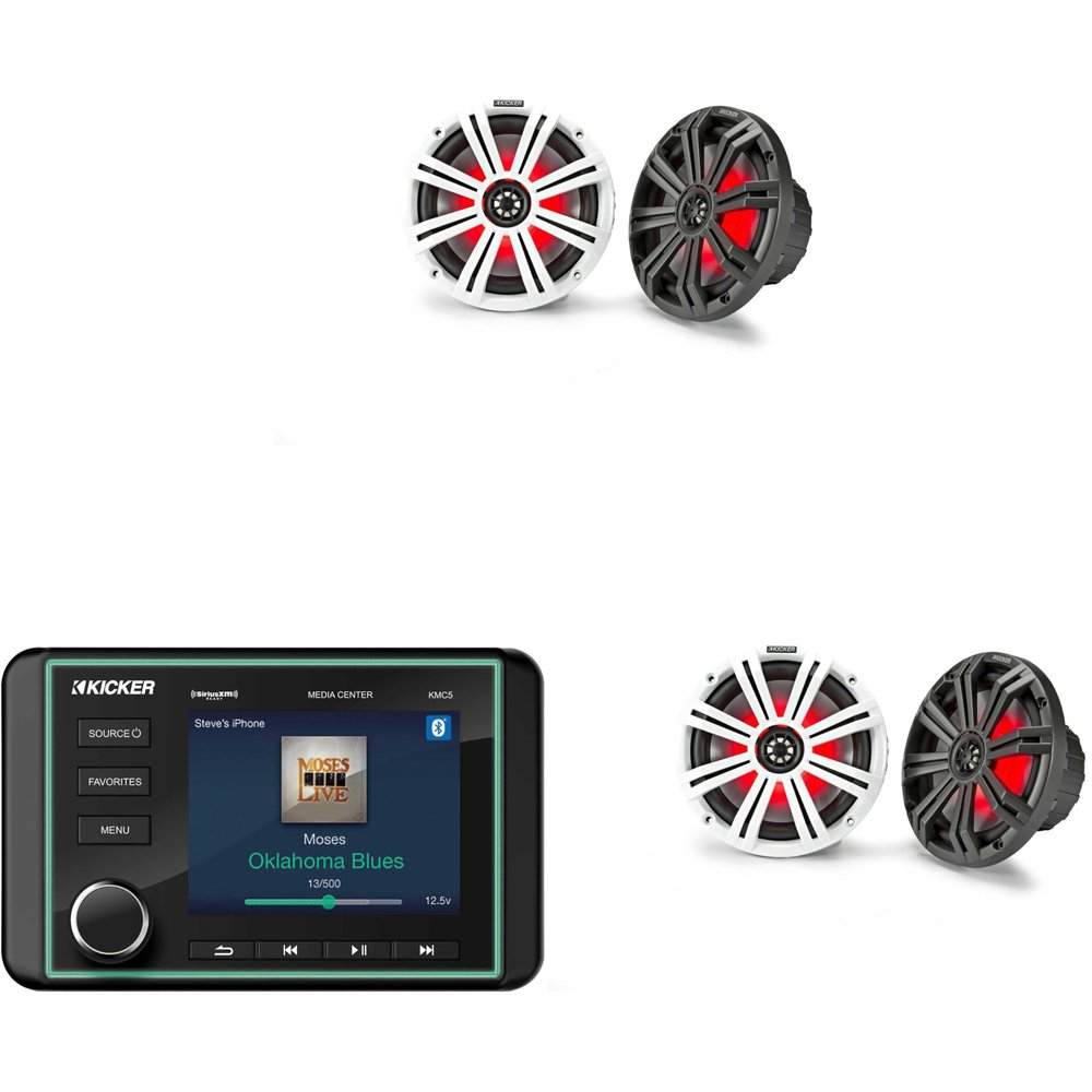 Kicker 46KMC5 Premium Marine Gauge-Style Source & (2 Pair) 45KM84L 8" Marine LED Speakers Bundle