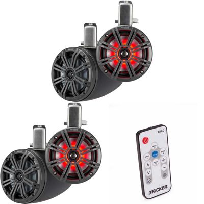 Kicker (2 Pair) KMTC65 6.5" Loaded Marine Wake Tower Enclosures with 45KM654L Speakers - Charcoal Grills with Black Enclosures (Includes LED Remote)