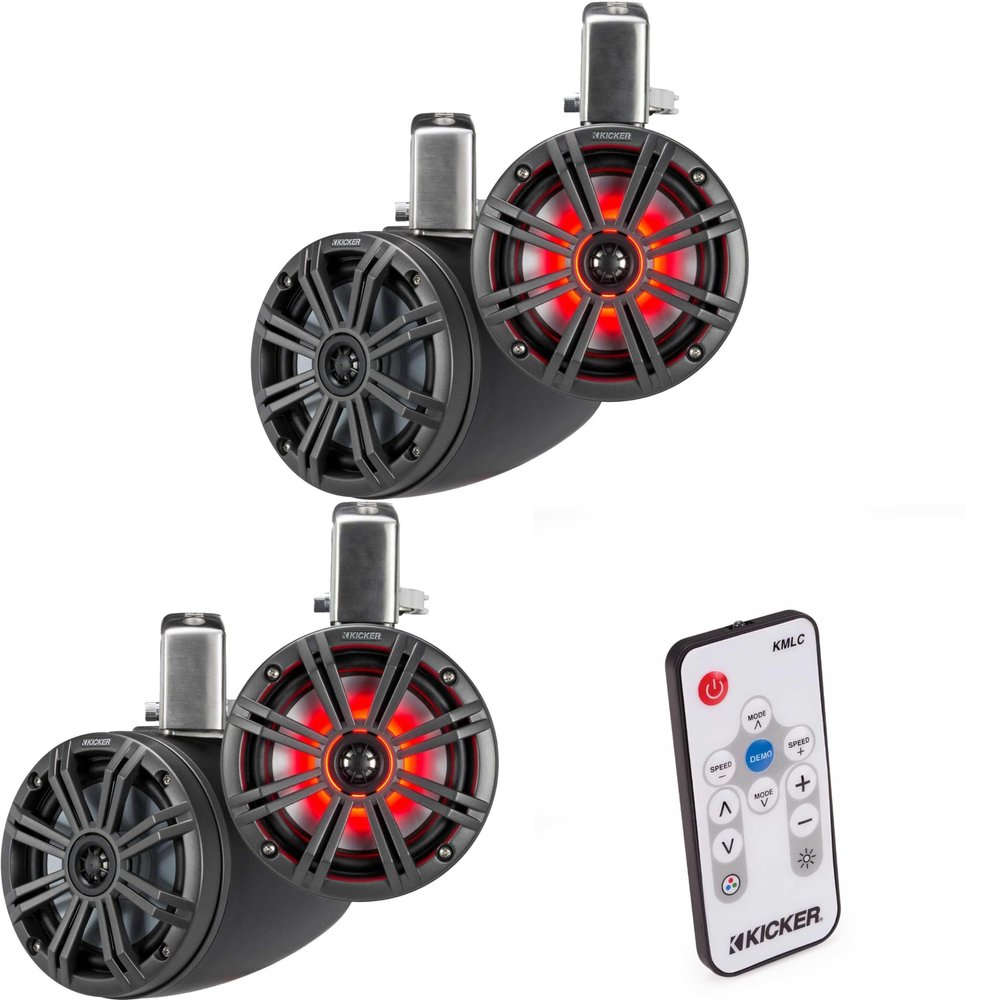 Kicker (2 Pair) KMTC65 6.5" Loaded Marine Wake Tower Enclosures with 45KM654L Speakers - Charcoal Grills with Black Enclosures (Includes LED Remote)