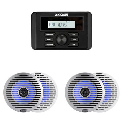 Kicker 46KMC3 Marine Gauge-Style Source & (2 Pair) 51KM614FL 6.5" Thin-Mount Marine LED Speakers Bundle