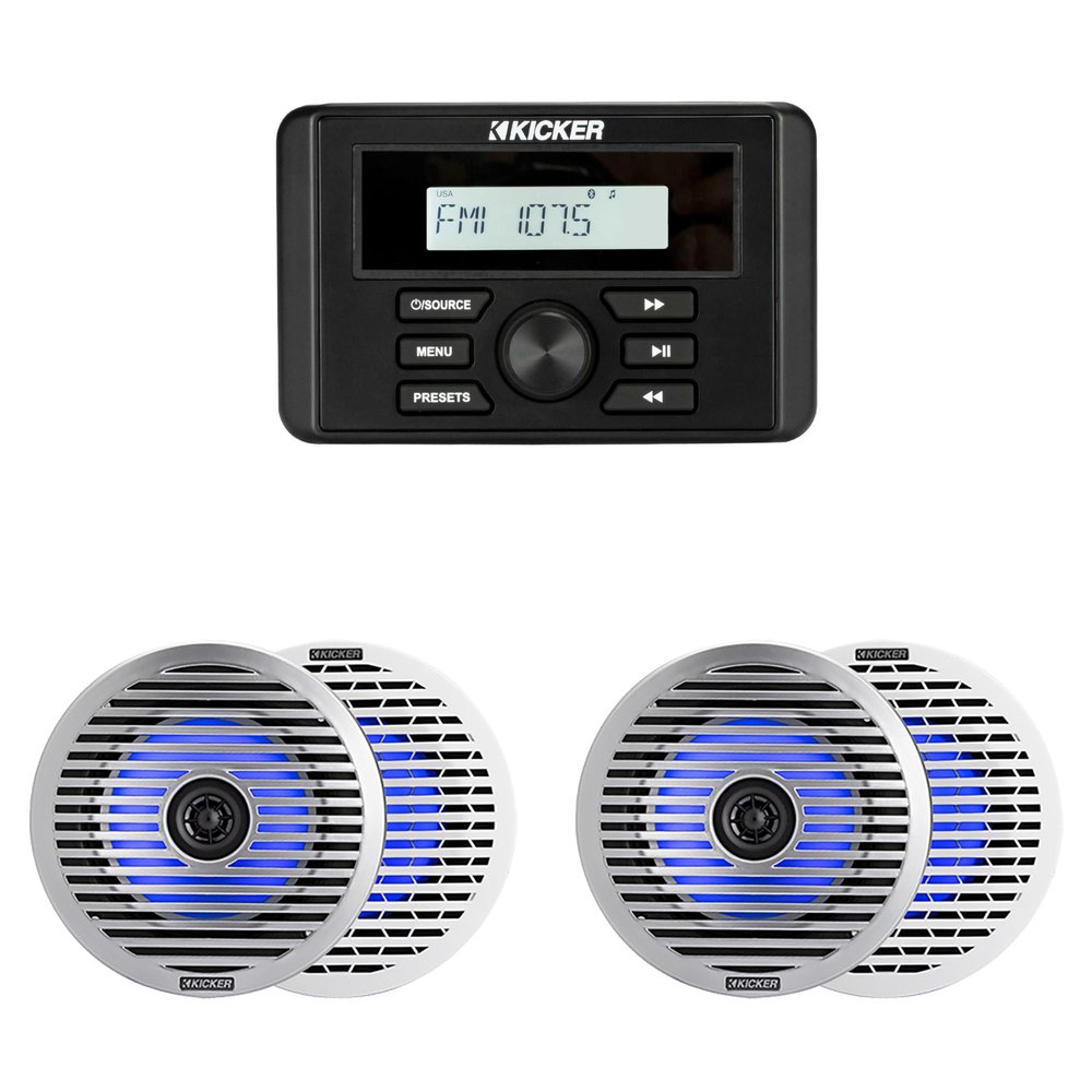 Kicker 46KMC3 Marine Gauge-Style Source & (2 Pair) 51KM614FL 6.5" Thin-Mount Marine LED Speakers Bundle