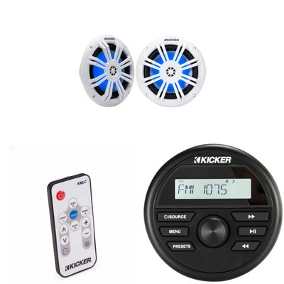 Kicker KMC2 Gauge Mount Marine Grade Receiver & 51KM604WL 6.5" White LED Speakers w/ 41KMLC Led Remote Bundle