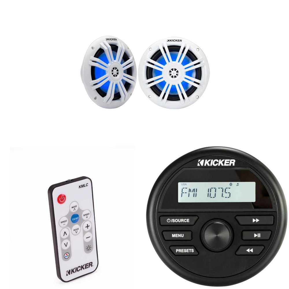 Kicker KMC2 Gauge Mount Marine Grade Receiver & 51KM604WL 6.5" White LED Speakers w/ 41KMLC Led Remote Bundle