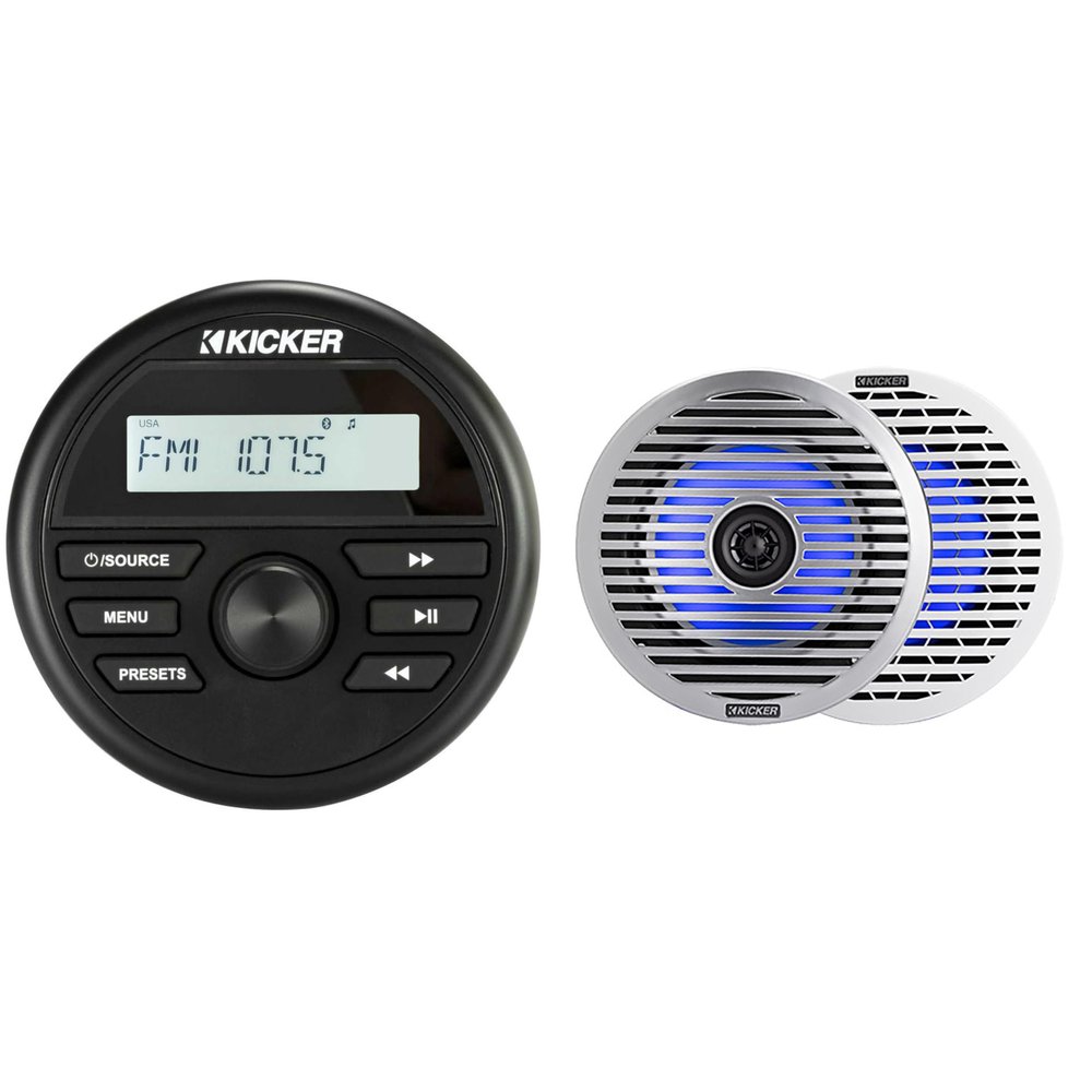 Kicker KMC2 Gauge Mount Marine Grade Receiver & 51KM614FL 6.5" Thin-Mount LED Speakers Bundle