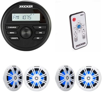 Kicker KMC2 Gauge Mount Marine Grade Receiver & (2 Pair) 51KM604WL 6.5" White LED Speakers w/ 41KMLC Led Remote Bundle
