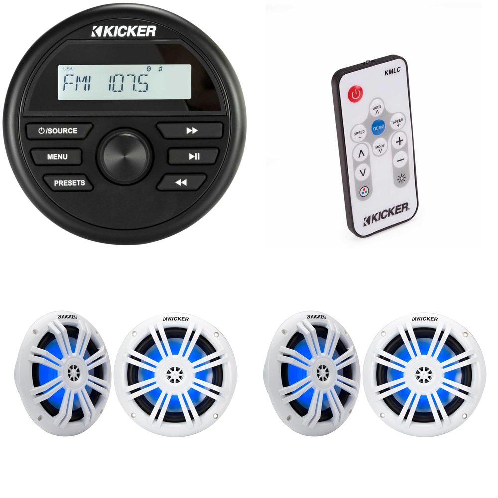 Kicker KMC2 Gauge Mount Marine Grade Receiver & (2 Pair) 51KM604WL 6.5" White LED Speakers w/ 41KMLC Led Remote Bundle