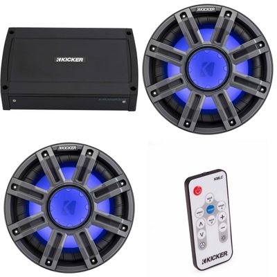 Kicker (2) 51MWF104 - MWF 10-Inch Premium Marine Subwoofer (Free-air) 4-ohm & 48KXMA12002 Marine Amp Bundle (Includes LED Remote)