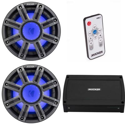 Kicker (2) 51MWF104 - MWF 10-Inch Premium Marine Subwoofer (Free-air) 4-ohm & 48KXMA500.4 Marine Amp Bundle (Includes LED Remote)