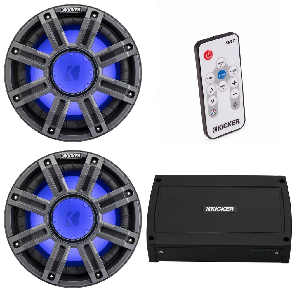 Kicker (2) 51MWF104 - MWF 10-Inch Premium Marine Subwoofer (Free-air) 4-ohm & 48KXMA500.4 Marine Amp Bundle (Includes LED Remote)