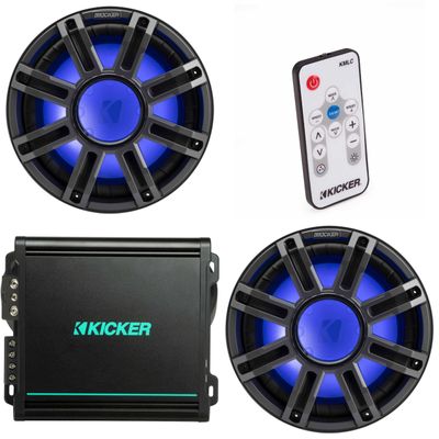 Kicker (2) 51MWE124 - MWE 12-Inch Premium Marine Subwoofer (Enclosure) 4-ohm & 48KMA8001 Marine Amp Bundle (Includes LED Remote)