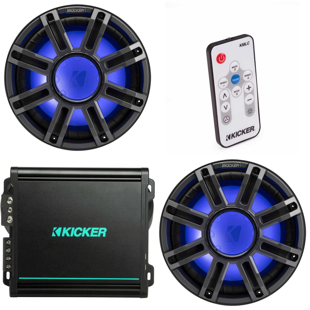 Kicker (2) 51MWE124 - MWE 12-Inch Premium Marine Subwoofer (Enclosure) 4-ohm & 48KMA8001 Marine Amp Bundle (Includes LED Remote)