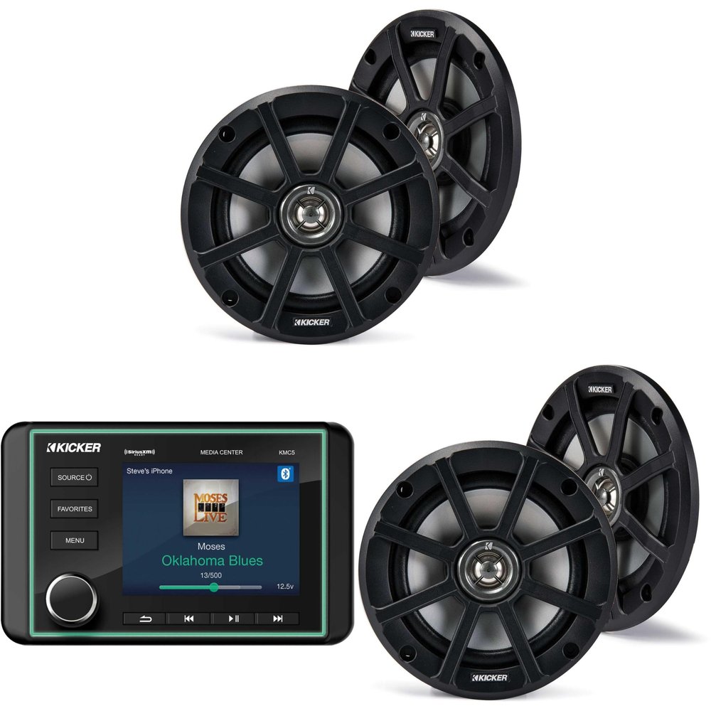 Kicker 46KMC5 Premium Marine Gauge-Style Source & (2 Pair) 51PSC654 Powersports Speakers Bundle