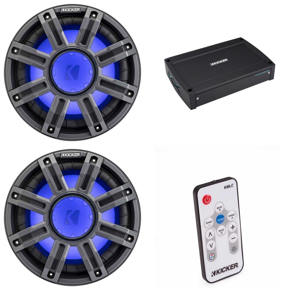 Kicker (2) 51MWF104 - MWF 10-Inch Premium Marine Subwoofer (Free-air) 4-ohm & 51KXMA15001 Marine Amp Bundle (Includes LED Remote)