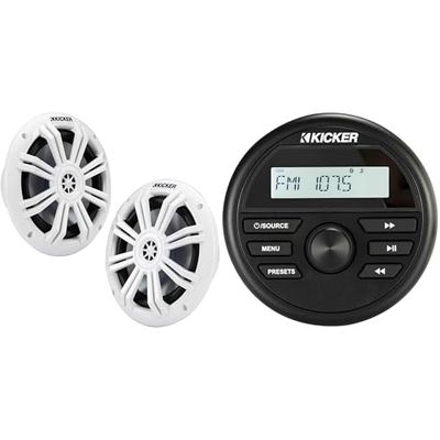 Kicker KMC2 Gauge Mount Marine Grade Receiver & 49KM604W 6.5" White Marine Speakers Bundle