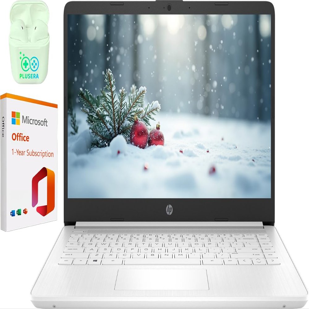 HP 14" Business Laptop Computer with Microsoft Office 365, Intel Quad-Core Processor, 1.1TB Storage (1TB OneDrive+64GB eMMC), 8GB RAM, Windows 11 Laptop, PLUSERA Earphones, White