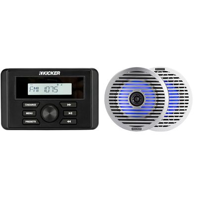 Kicker 46KMC3 Marine Gauge-Style Source & 51KM614FL 6.5" Thin-Mount Marine LED Speakers Bundle