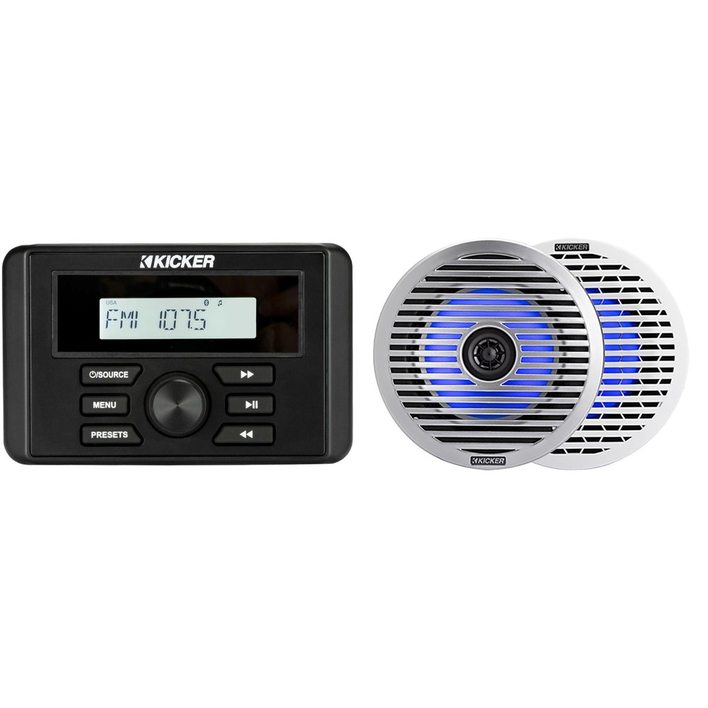 Kicker 46KMC3 Marine Gauge-Style Source & 51KM614FL 6.5" Thin-Mount Marine LED Speakers Bundle