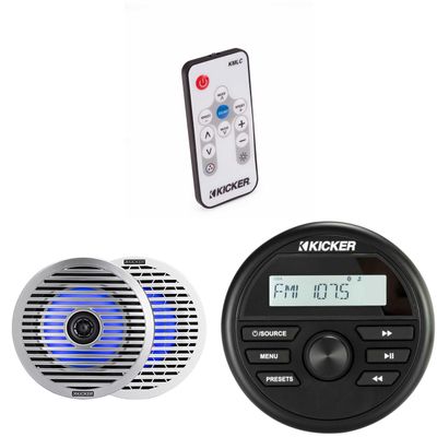 KICKER KMC2 Gauge Mount Marine Grade Receiver & 51KM614FL 6.5" Thin-Mount LED Speakers w/ 41KMLC Led Remote Bundle
