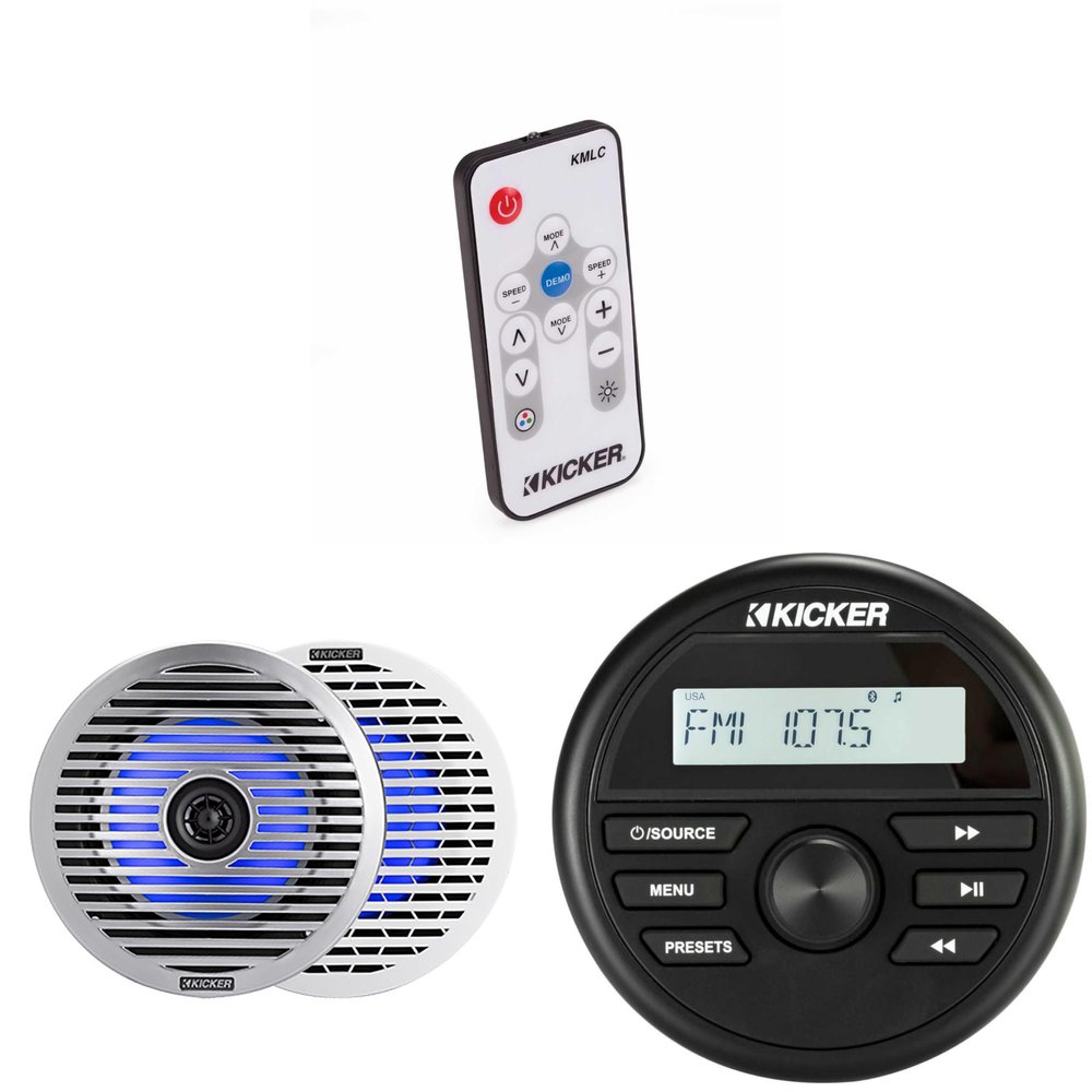 KICKER KMC2 Gauge Mount Marine Grade Receiver & 51KM614FL 6.5" Thin-Mount LED Speakers w/ 41KMLC Led Remote Bundle