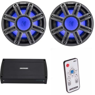 Kicker (2) 51MWF104 - MWF 10-Inch Premium Marine Subwoofer (Free-air) 4-ohm & 48KXMA9005 Marine Amp Bundle (Includes LED Remote)