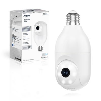 Feit Electric Smart Security Camera Bulb, 2K QHD Resolution, 2-Way Audio, Human Tracking, 350 Pan, Night Vision, Motion Alerts, E26 Base, Alexa/Google Assistant Compatible, CAM/PAN/WIFI/E26/2K