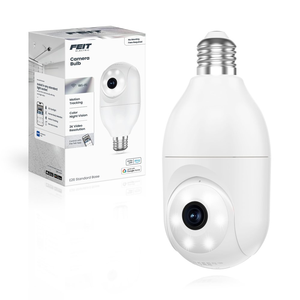 Feit Electric Smart Security Camera Bulb, 2K QHD Resolution, 2-Way Audio, Human Tracking, 350 Pan, Night Vision, Motion Alerts, E26 Base, Alexa/Google Assistant Compatible, CAM/PAN/WIFI/E26/2K