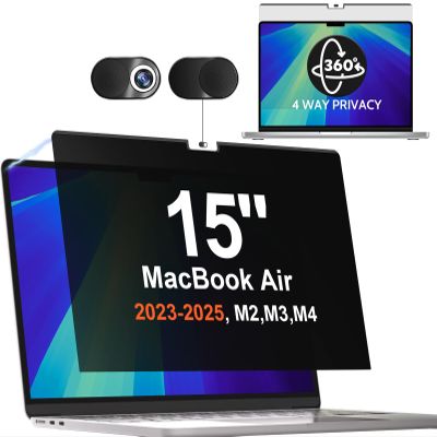 Mamol Magnetic 360 Privacy Screen for Macbook Air 15 Inch (2023-2026, M2, M3, M4, M5), Removable Anti Glare Blue Light Filter, 4 Way Anti Spy Black Protector for Mac Air 15In