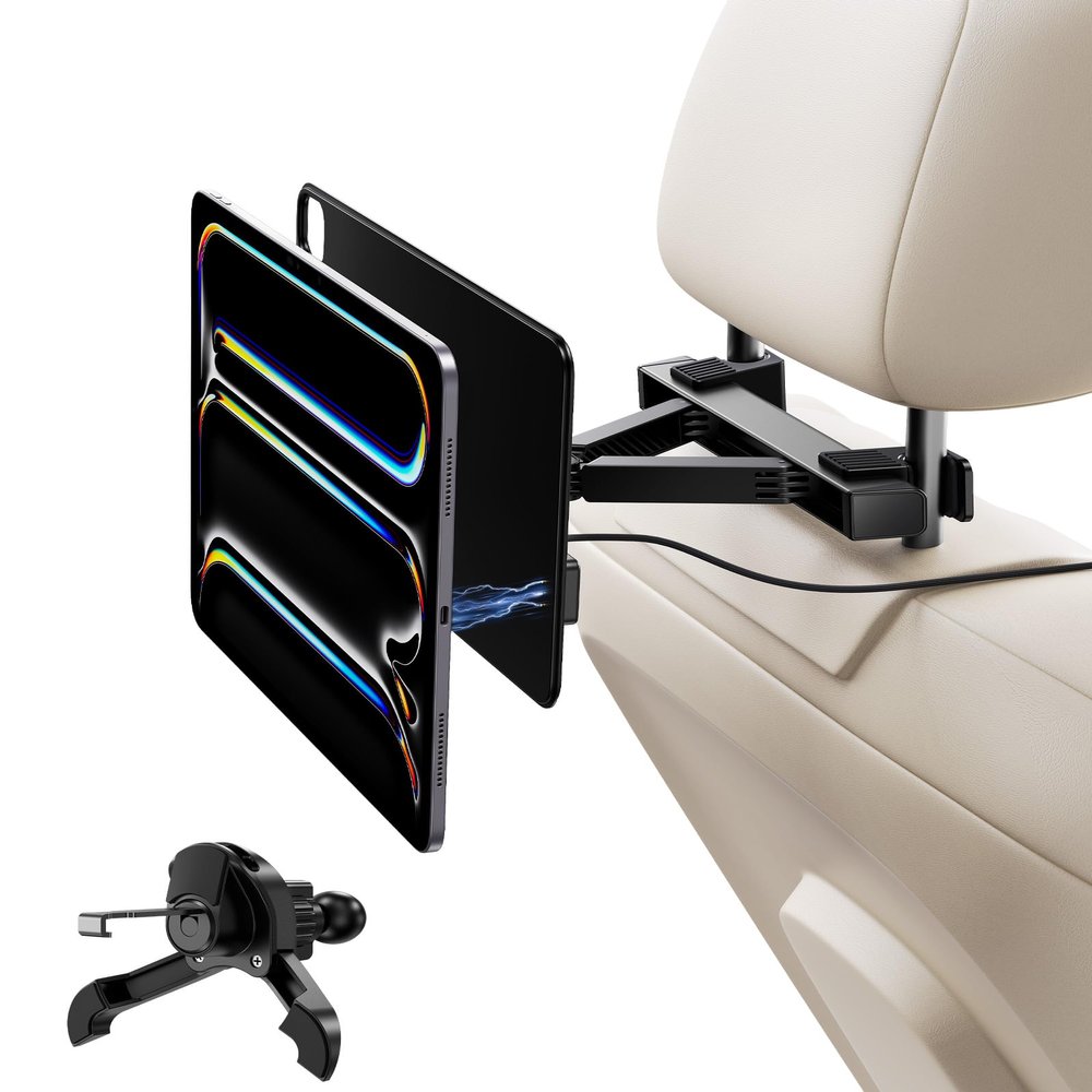 KUXIU Magnetic Wireless Charging Car Headrest Tablet Holder for iPad Pro 11'' M4 [2024]Only, Tablet Car Back Seat Mount for Kids, Road Trip Essentials Trave Holder with Air Vent Stand, 2M USB-C Cable