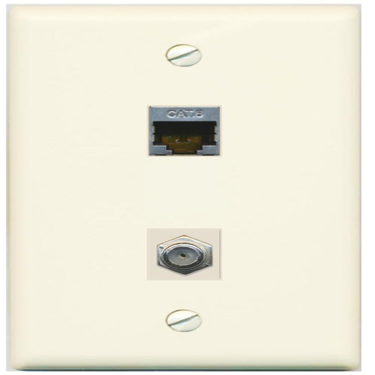 RiteAV 1 Port Cat6 Shielded 1 Coax Wall Plate Flat Light Almond - Bracket Included