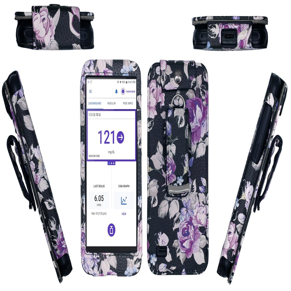 Premium Patterned Holster with Belt Clip for Omnipod 5 (Black/Catharanthus)