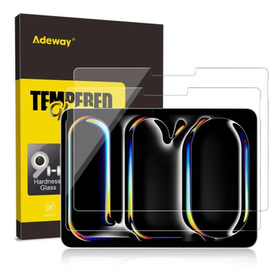 Adeway 2 Pack Screen Protector for iPad Pro 11 Inch M4 2024, Compatible with Apple Pencil & Face ID, Tempered Glass Film with Easy Installation Kit,Anti-Scratch,Clear Display