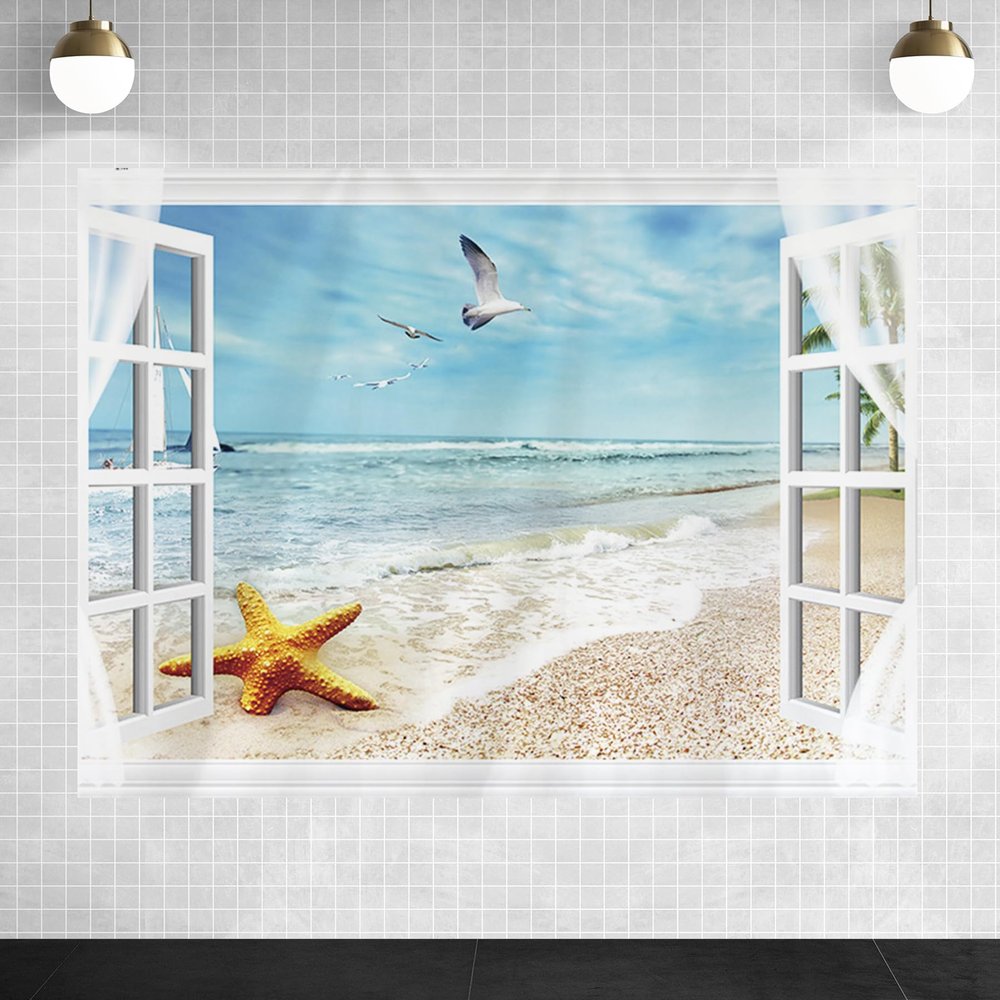 SULLOTSY Fabric Window for View Ocean Beach Tapestry Wall Hanging Flying Seagull Yellow Pie Star Wall Tapestry For College Dorm Living Office Decor Aesthetic Poster 179" L X 94.5" W