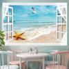 SULLOTSY Fabric Window for View Ocean Beach Tapestry Wall Hanging Flying Seagull Yellow Pie Star Wall Tapestry For College Dorm Living Office Decor Aesthetic Poster 179" L X 94.5" W view 2