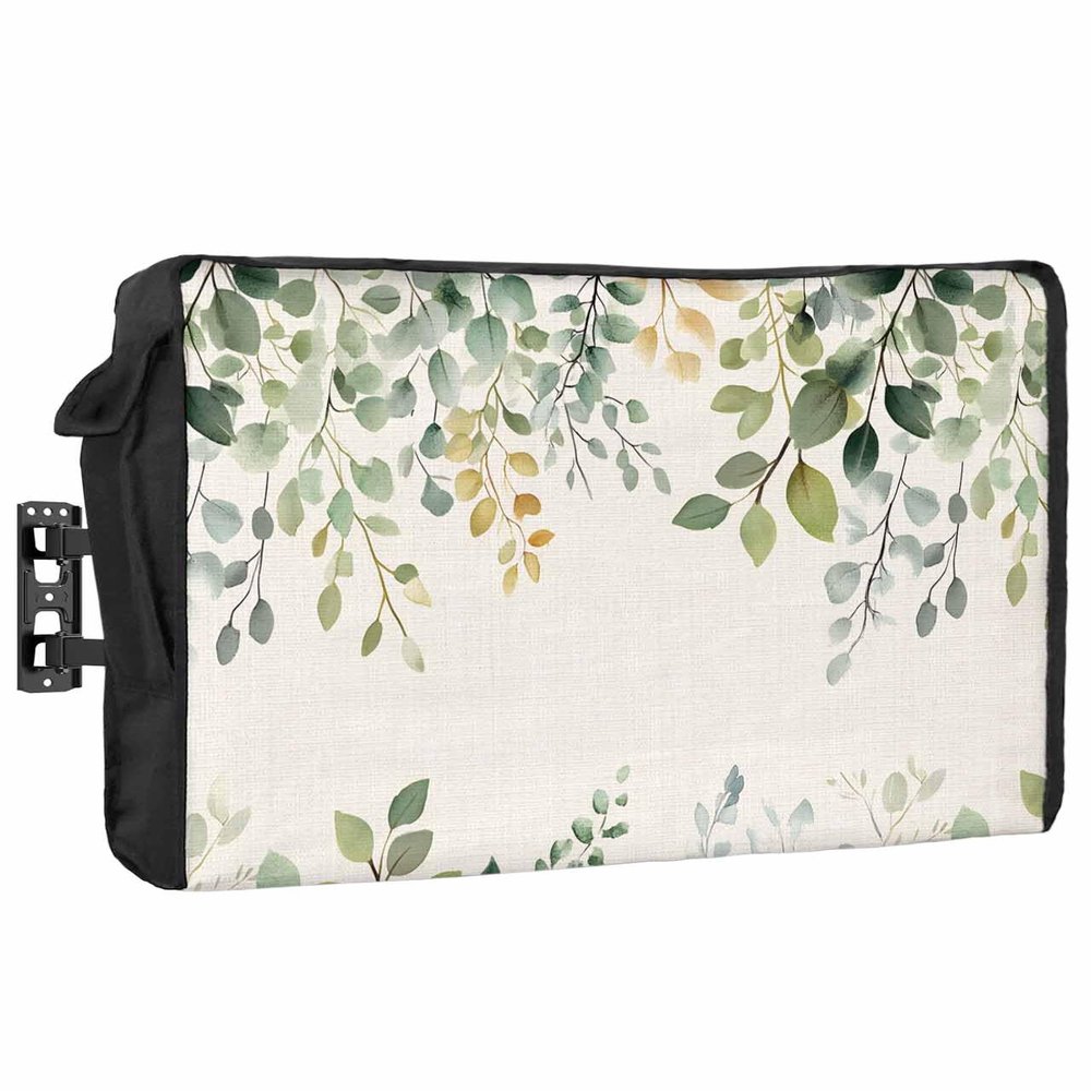 Falaniique Eucalyptus Waterproof Outdoor TV Cover 52-55 Inch Weatherproof, Country Leaf Farm Herb Aesthetic Floral Outside Television Cover TV Screen Protector with Remote Control Pocket