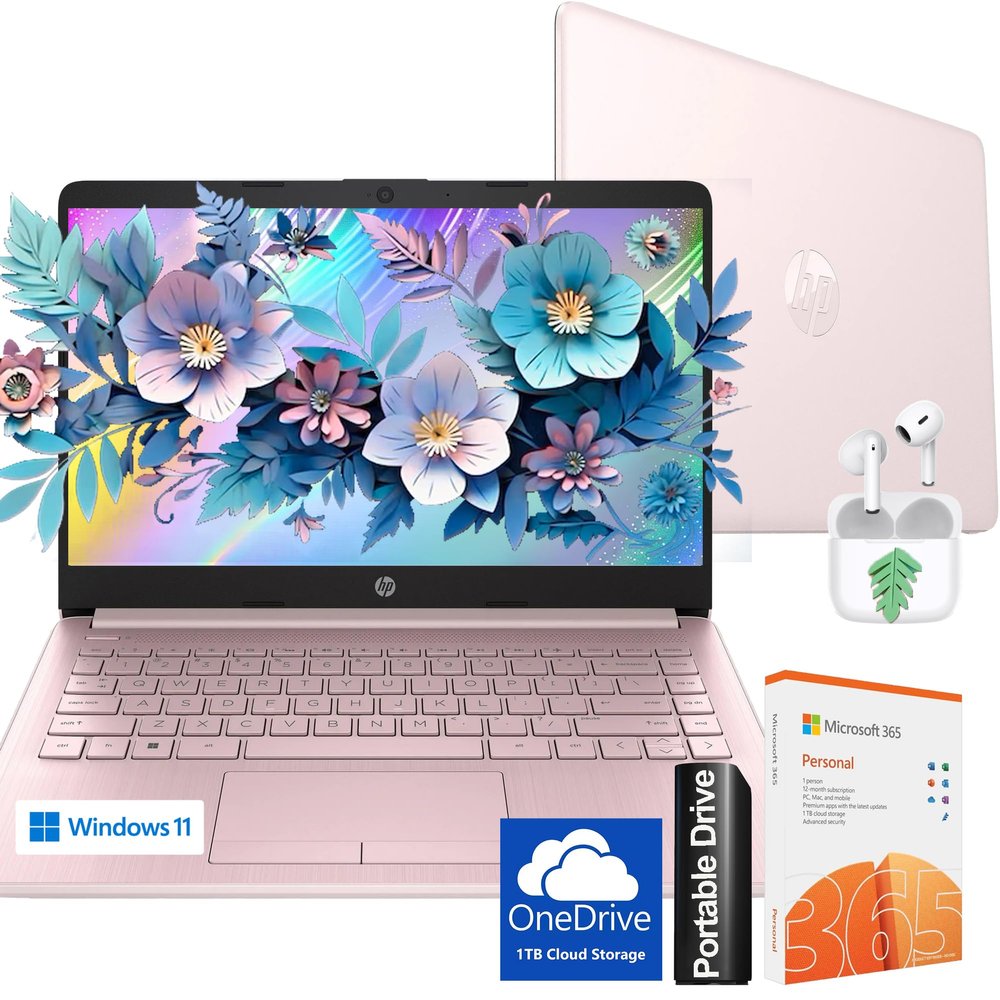 HP Ultralight 14 inch Laptop with Intel 4-Core Processor  with Microsoft 365 and Wireless Earbuds  8GB RAM  128GB External & 64GB Onboard & 1TB Cloud Storage  HD Display  Pink  Windows 11