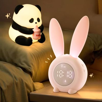 Cute Panda LED Night Light, Dimmable Squishy Night Lamp, Silicone Night Bedroom Lamp, USB Rechargeable Desktop Light, Bunny Alarm Clock, Gift for Kids Girls Boys, Family, Friend, Lover, Room Decor