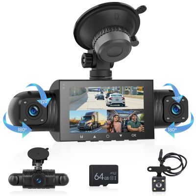 4 Channel Dash Cam Front and Rear Inside, 3 inch 1080P Dashcam with 64GB Card, 360 Dashcam for Car with Parking Monitor, Night Vision, G-Sensor, Loop Recording, Wide Angle