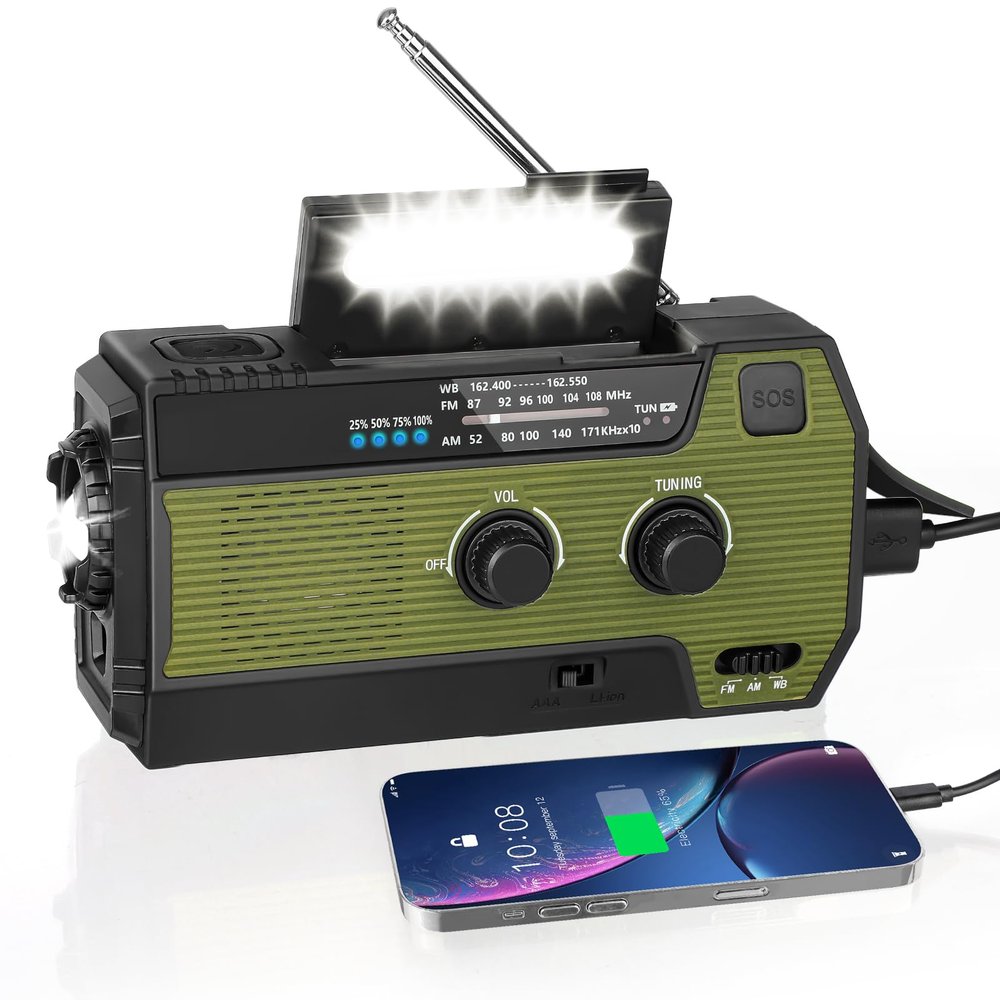 4000mAh/14800mWh Emergency Radio, Solar Hand Crank Emergency Radio - NOAA Weather Radio with AM/FM/NOAA Weather Alert, Reading Lamp, Flashlight, Cell Phone Charger and SOS Siren (Army Green)