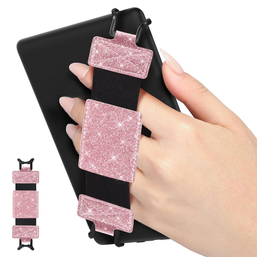 MoKo Soft Hand Strap for 6-8" Kindle eReaders Fire Tablet Kindle/Kobo/Voyaga/Lenovo/Sony Kindle E-Book Tablet,Black High-Elasticity Versatile Hand Strap Lightweight Finger Grip Holder,Flash Light Pink